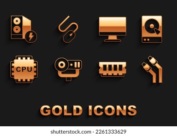 Set Web camera, Hard disk drive HDD, LAN cable network internet, RAM, random access memory, Processor with CPU, Computer monitor screen, Case of computer and mouse icon. Vector