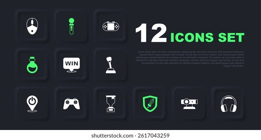 Set Web camera, Headphones, Medal, Sword for game, Bottle with magic elixir, Game controller joystick, VR and Award cup icon. Vector