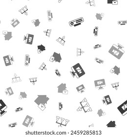 Set Web camera, Hierarchy organogram chart, Video Off on computer and Online working on seamless pattern. Vector