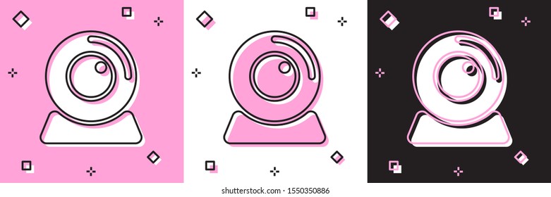 Set Web camera icon isolated on pink and white, black background. Chat camera. Webcam icon.  Vector Illustration