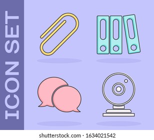 Set Web camera, Paper clip, Speech bubble chat and Office folders with papers and documents icon. Vector
