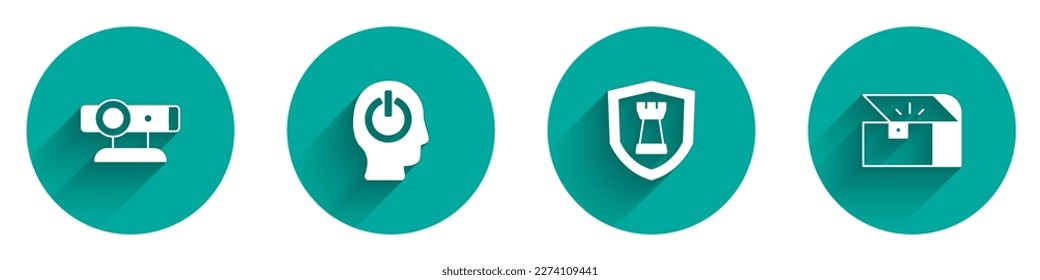 Set Web camera, Power button, Chess shield and Chest for game icon with long shadow. Vector