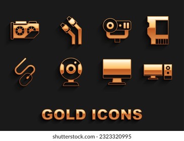 Set Web camera, SD card, Computer monitor, screen, mouse, Video graphic and LAN cable network internet icon. Vector