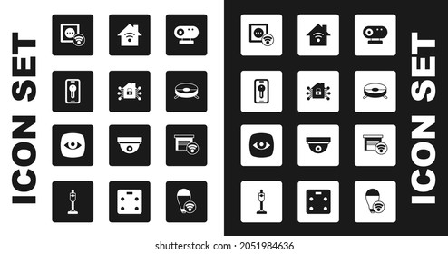 Webkamera, Smart Home, Schlüssel, Steckdose, Roboter Staubsauger, mit Wi-Fi, Garage und Sicherheit Symbol. Vektorgrafik