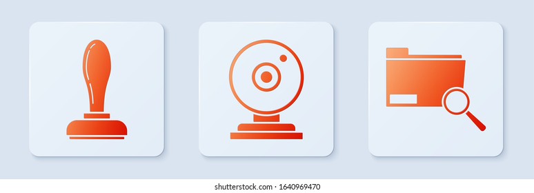 Set Web camera, Stamp and Search concept with folder. White square button. Vector