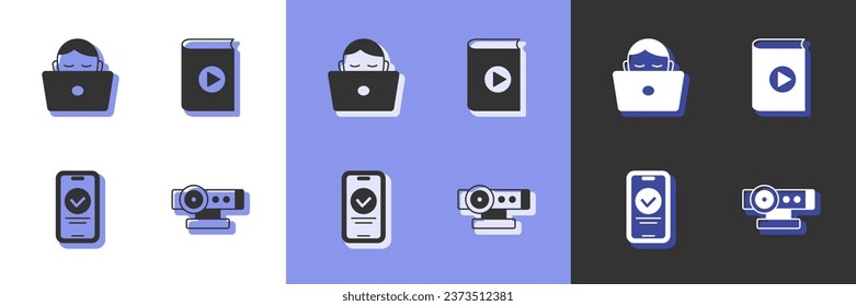 Set Web camera, Student working at laptop, Online quiz, test, survey and Audio book icon. Vector