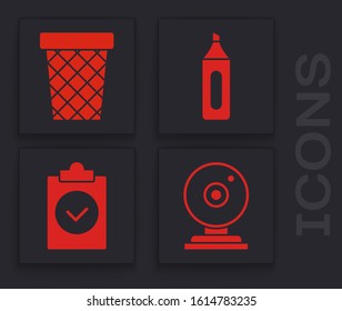 Set Web camera, Trash can, Marker pen and Completed task icon. Vector