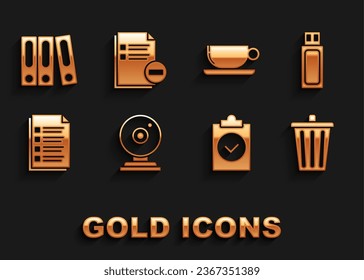 Set Web camera, USB flash drive, Trash can, Completed task, File document, Coffee cup flat, Office folders with papers and documents and Document minus icon. Vector