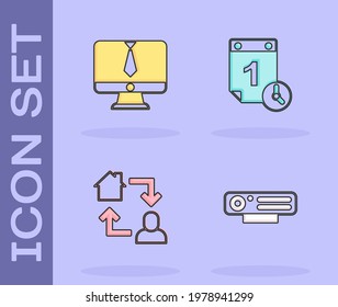 Set Web camera, Video chat conference, Online working and Time management icon. Vector