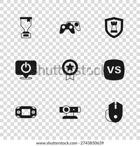 Set Web camera, VS Versus battle, Computer mouse, Game rating with medal, Chess shield, Award cup, controller or joystick and Power button icon. Vector