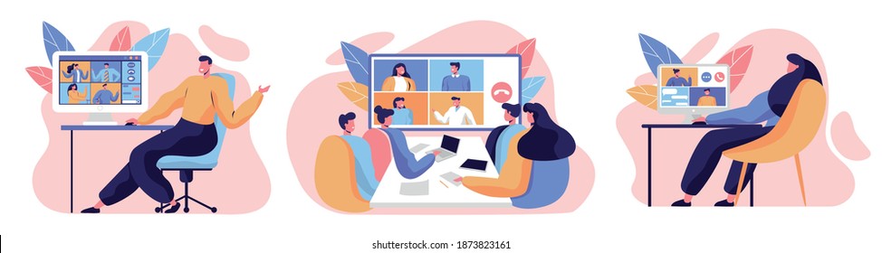 Set of web conference. People taking with colleague on computer and tv screen. Web conferencing concept. Vector illustration in flat style.