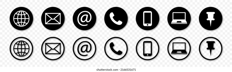 Set of web contact us icons, connection and location symbols isolated on trasparent background in vector format