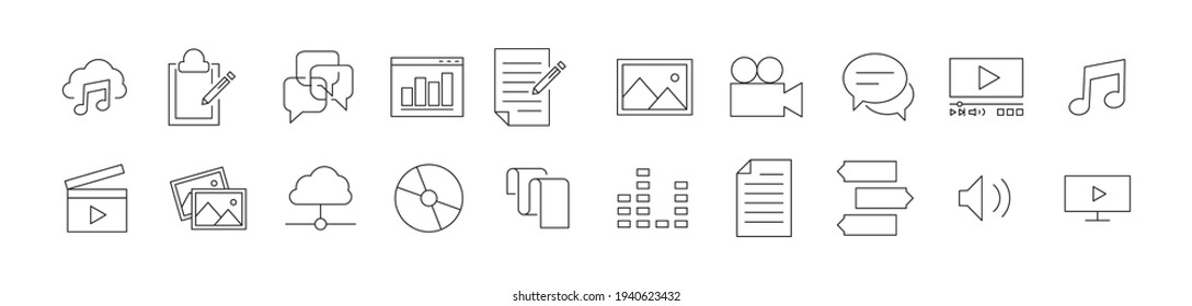 Conjunto de iconos de línea de contenido web. Paquete de carteles de moda. Pixel perfecto objetos para interfaz de usuario, aplicaciones y web. 
