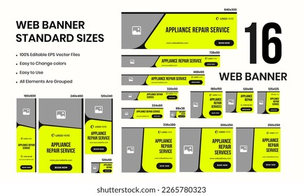 Set of web creative banner template design for social media posts, appliance repair services web banner, vector eps 10 file