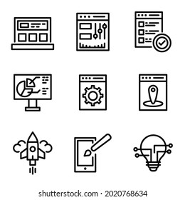 Conjunto de diseños web, desarrollo web y TI - Iconos relacionados con la tecnología de la información. Gran conjunto aislado de fondo blanco. Iconos de línea delgada y contorno. Vector EPS