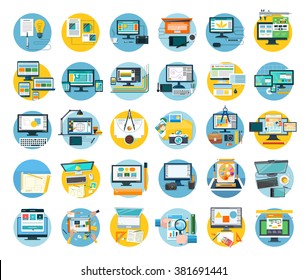 Set of web design icon flat concept. Technology development illustration