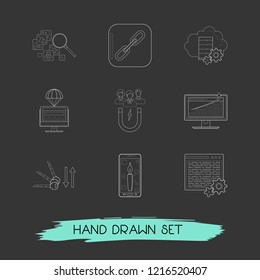 Set of web design icons line style symbols with traffic growth, coding software, image search and other icons for your web mobile app logo design.