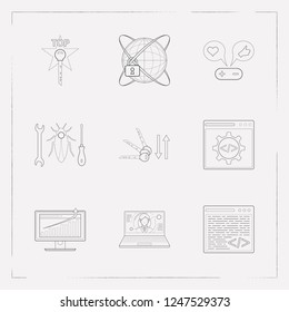 Set of web design icons line style symbols with traffic growth, custom coding, top keywords and other icons for your web mobile app logo design.