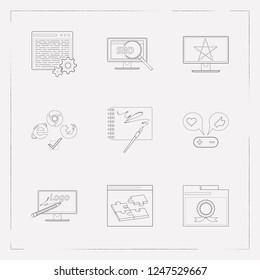 Set of web design icons line style symbols with page quality, browser compatibility, sketchbook and other icons for your web mobile app logo design.