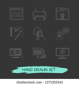 Set of web design icons line style symbols with sketchbook, content structure, page rank badge and other icons for your web mobile app logo design.