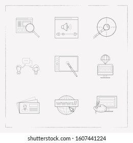Set of web design icons line style symbols with domain, search content, business card and other icons for your web mobile app logo design.