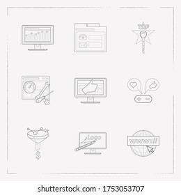 Set of web design icons line style symbols with domain, contacts page, logo design and other icons for your web mobile app logo design.