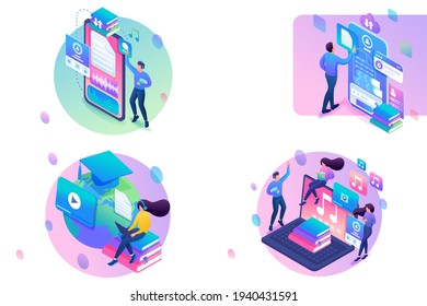 Set Web Design Isometry. Templates. Online Learning. Vector Illustration.