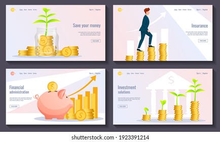 Set of web design. Man is going up on the coins, Piggy bank, Graph up. Bank, finance, insurance, money savings concept. Vector illustration for poster, banner, advertising, website development. 