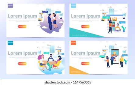 Set of web design page templates. Business people character scene. Businessman shaking hand businesswoman. Two business partners  shaking hands.  Illustration concepts for website and mobile website