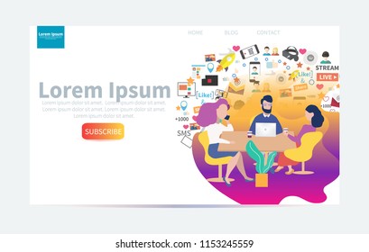 Set of web design page templates. Business co working process. Three people make conversation and work together and eat healthy food. Open space office. Man, girl, students,