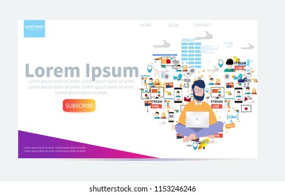 Set of web design page templates. Digital marketing specialist practicing yoga. Business people characters scene. Marketing manager holding laptop. Social media icons, rocket ship, bird, mail