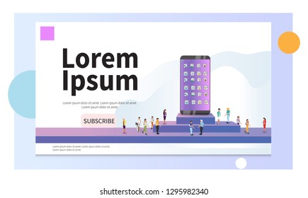 Set of web design page templates. Business people users scene. Businessman and businesswoman. people using smatphone. Mobile devices.  Illustration concepts for website and mobile website