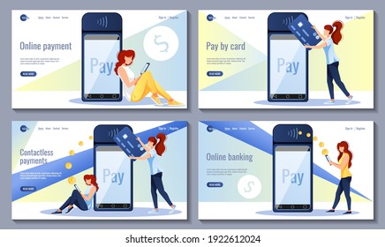 Set of web design. Payment terminal. Women with credit card and phone are paying. Online transfer, banking, contactless payments concept. Vector illustration for poster, banner, website development. 