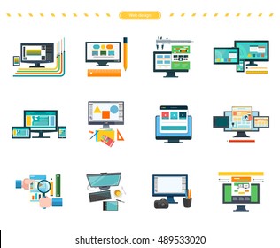 Set of web design vector concepts in flat style. Collection of computer monitors illustrations with measurement and drawing instruments, web pages graphic elements. Graphic designer workplace concept.