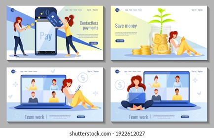 Set Of Web Design. Women With Laptop And Phone, Payment Terminal, Jar Wit Golden Coins. Freelance, Finance, Bank Savings, Profit Concept. Vector Illustration For Poster, Banner, Website Development.