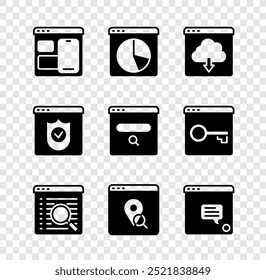 Set Web developer programming code, Graph chart infographic, Cloud download, Search engine, Infographic of city map, New chat messages notification, Browser with shield and  icon. Vector