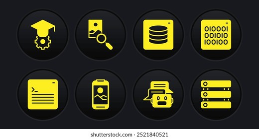 Set Web developer programming code, Binary, Mobile phone, Chat bot, Server, Data, Photo retouching,  and Graduation cap icon. Vector