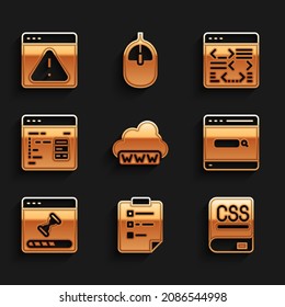 Establecer desarrollo Web, Portapapeles con lista de verificación, Libros sobre programación, Motor de búsqueda, Ventana de datos de carga, Software e icono de signo de exclamación del navegador. Vector