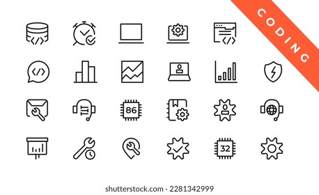 Set of web Development and Coding icons. Line art style icons bundle. vector illustration