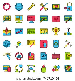 Set of web development icons. Internet icon collection. Creative process, online business, data protection, security, SEO, web optimization. Vector illustration