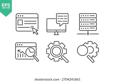 Conjunto De Ícones De Linha De Desenvolvimento Web. Contém ícones como Web Design, Análise de Dados, Codificação, SEO, Portfólio, Site, Ocupação Criativa, Elementos Gráficos e muito mais.