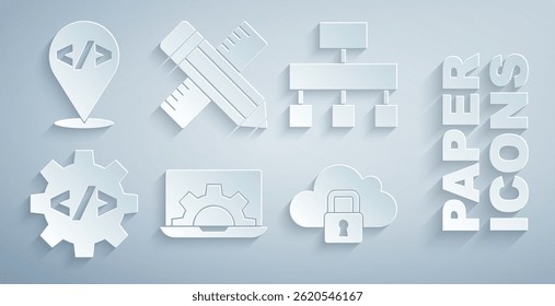 Set Web development, Site map, Front end, Cloud computing lock, Crossed ruler and pencil and  icon. Vector