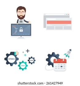 Set of Web Development Vector Icons and Illustrations. Includes Male Computer Programmer or Web Developer, Browser, Calendar and Gears.