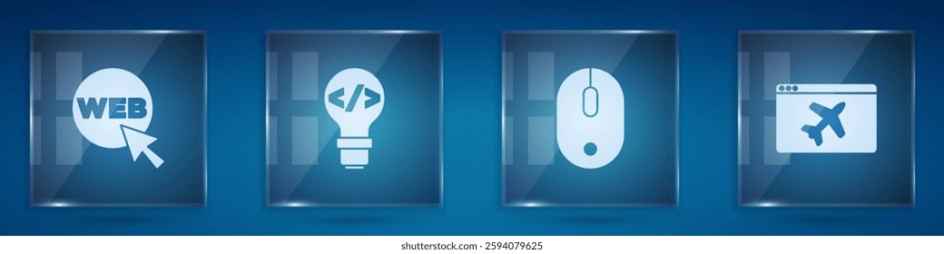 Set Web and graphic design, Front end development, Computer mouse and Website template. Square glass panels. Vector
