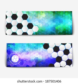 Set of web headers with soccer ball elements on abstract background. 