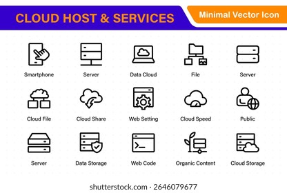 Set of web hosting and cloud services icons. Linear style icon bundle.Outline icon collection.
