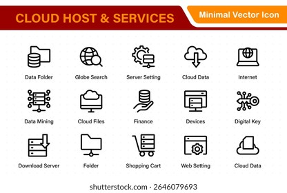 Set of web hosting and cloud services icons. Linear style icon bundle.Outline icon collection.