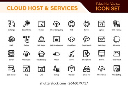 Set of web hosting and cloud services icons. Linear style icon bundle.Outline icon collection.