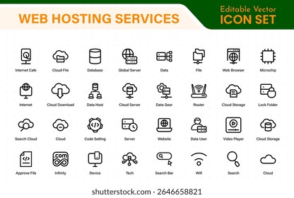Conjunto de ícones de hospedagem na Web e serviços em nuvem. ícone de estilo linear bundle.Outline ícone coleção.