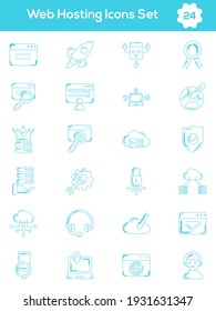 Conjunto de iconos de hospedaje web en el arte de la línea azul.